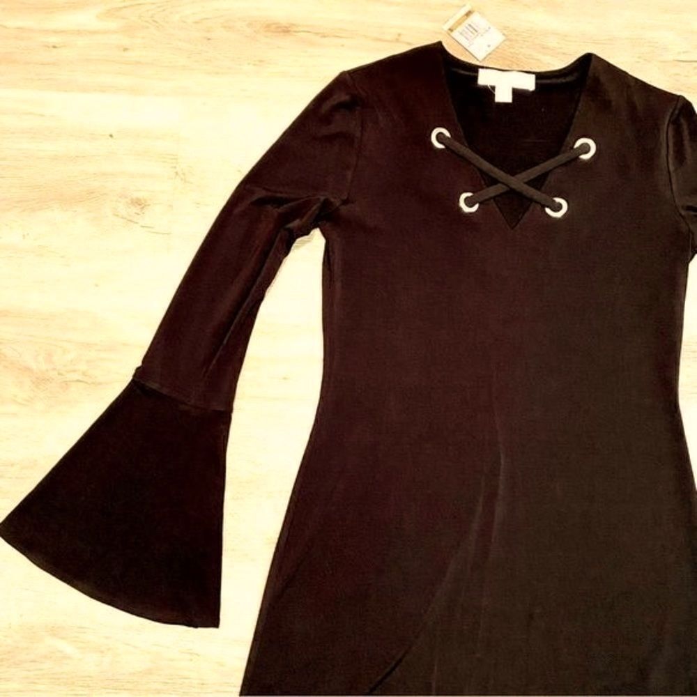 JET BLACK MICHAEL KORS FIT&FLARE DRESS-GROMMET CRISS CROSS STRAPS S NWT - Picture 5 of 16